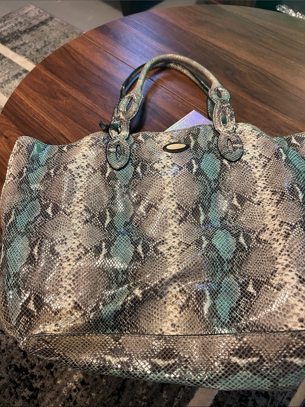 Tahari Snake-Print Tote in Teal and Gray